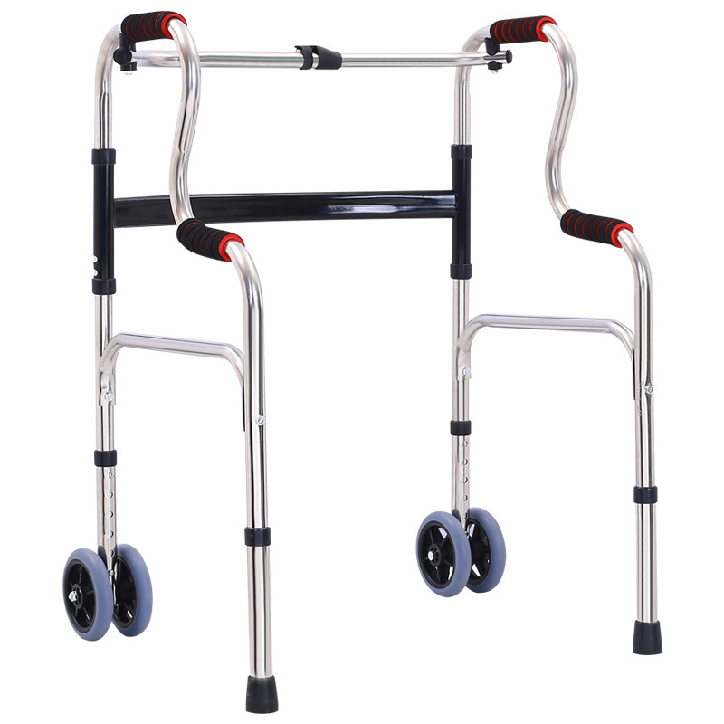 不锈钢直弯助行器残疾人康复辅助器带轮养老院双弯黑扁杠助步器
